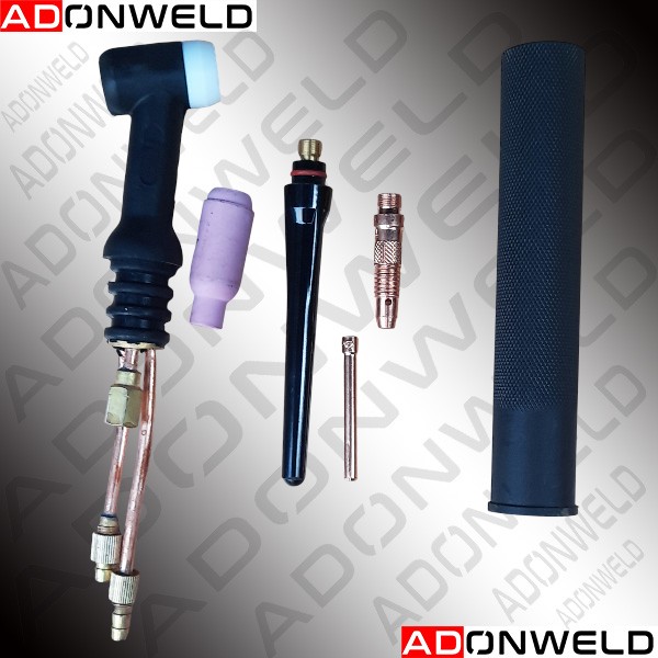 WP-18V TIG Welding Torch Spare Parts – complete range of water-cooled TIG torch spares including head, collet, collet body, back cap, ceramic nozzle, cable connector, and hose fittings.