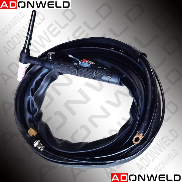 Inverter TIG Welding Torch WP-26V – gas-cooled TIG torch with gas control knob and welding cable for stainless steel and aluminum fabrication.