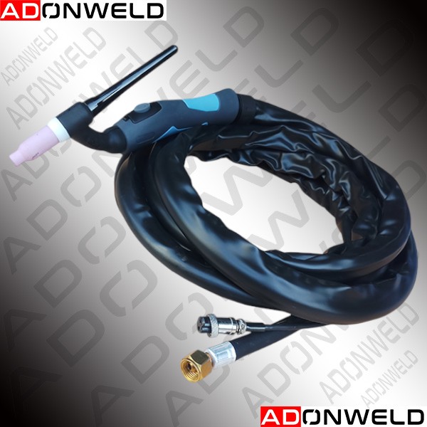 WP-26FV Flexible TIG Welding Torch for inverter TIG welding machines – gas-cooled torch with flexible head and gas control knob for stainless steel and aluminum fabrication.