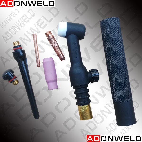 WP-26FV TIG Torch Parts – collet, collet body, long cap, and short cap for TIG welding torches used in inverter welding machines.